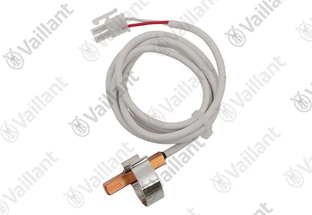 Fühler mit elektrischer Verbindung, hergestellt von Vaillant. Der Sensor hat ein metallisches Ende und ist an einem Kabel befestigt.
